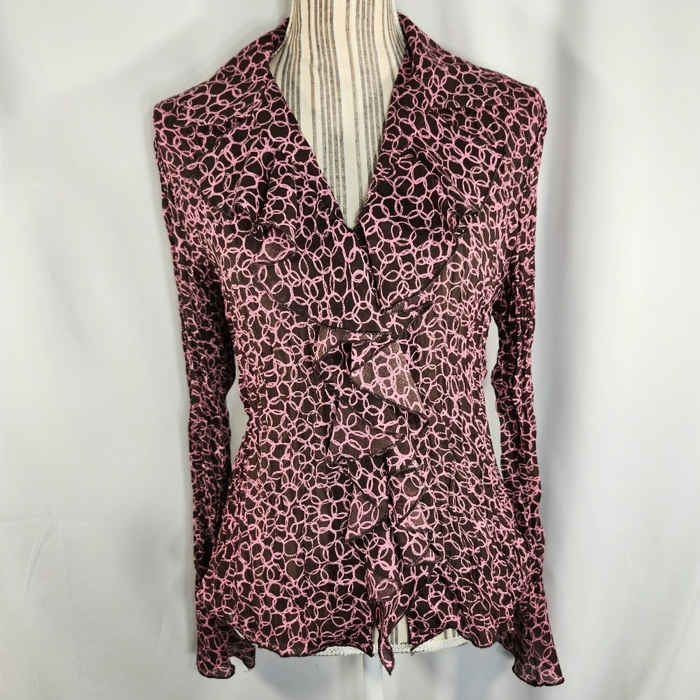 Style & Co Brown w/Pink Circle Pattern Ruffle Front Crinkle Top Size 8